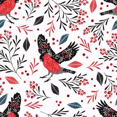 Bullfinch birds seamless scandinavian pattern with leaves and berries. Merry Christmas collection background. Winter texture. Vector illustration