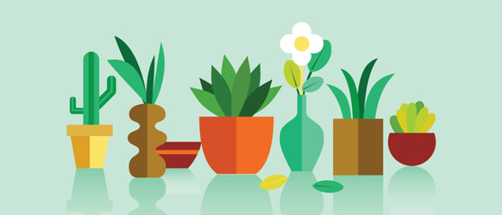 Set of Plants, Flower, Vases.
