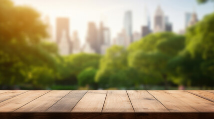 Naklejka na ściany i meble Empty wooden table top with blur background of park and city