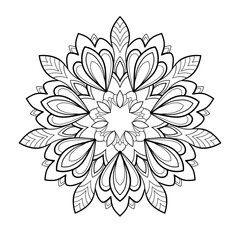 Stylized simple mandala with linear and floral elements on a white isolated background. For coloring book pages.