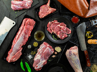 Collection of fresh tender beef on black background, shank meat, flank meat, rib meat ,chuck meat, round meat 30