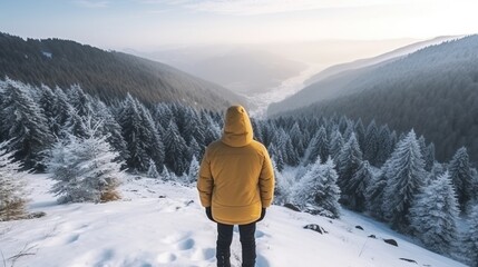 Fototapeta na wymiar a climber is enjoying the peak of nature in winter