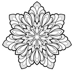 Decorative mandala with simple floral elemetns on a white isolated background. For coloring book pages.