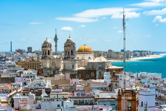 Spain, Andalusia, Cadiz, View of Cadiz Cathedral and surrounding buildings