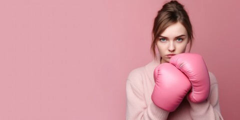 Fragile weak looking young woman with pink boxing gloves. Wide banner copy space. Generative AI. - obrazy, fototapety, plakaty