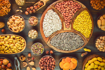 Assortment of Egyptian popular snacks sunflower seeds, watermelon seeds, pumpkin seeds and salted...