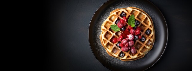Generative AI, Assorted Belgian waffles with fruit and syrup, sweet baked dessert
