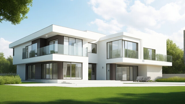 3d rendering of modern white house with swimming pool and terrace.