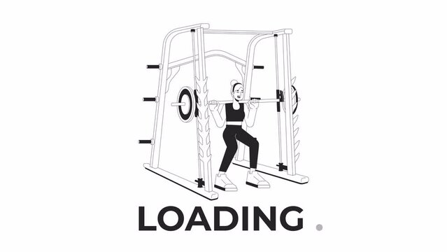 Working out on weight power rack bw loading animation. Smith machine sportswoman outline 2D cartoon character 4K video loader motion graphic. Girl powerlifter animated gif isolated on white background
