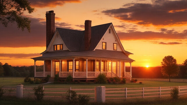 3d rendering of a classic american house with a beautiful sunset.