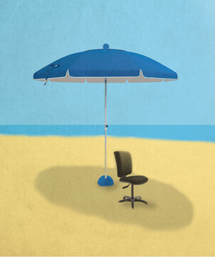 Illustration of empty office chair under beach umbrella