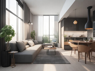 Interior of modern living room with white walls, tiled floor, panoramic windows and gray sofa with cushions.