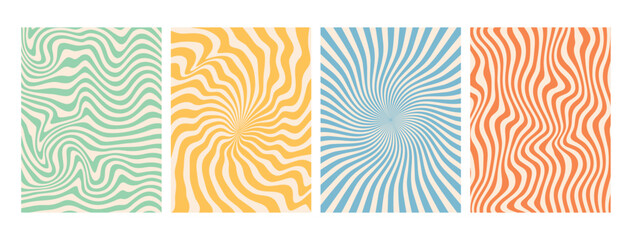 Groovy hippie 70s backgrounds. Waves, swirl, twirl pattern. Twisted and distorted vector texture in trendy retro psychedelic style.
