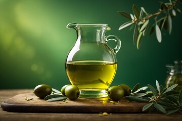 Olive oil and green olives on a green background.