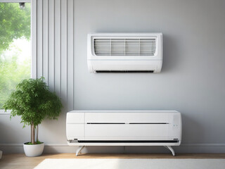 Modern white air conditioner by wall with flowers. 3d render illustration.