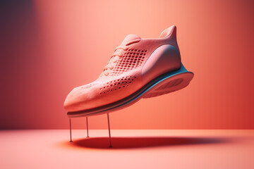 Fashionable trendy pink-orange sneaker with sticky drops of glue fly on orange background. Creative minimalism layout. Banner with place for text.  - obrazy, fototapety, plakaty