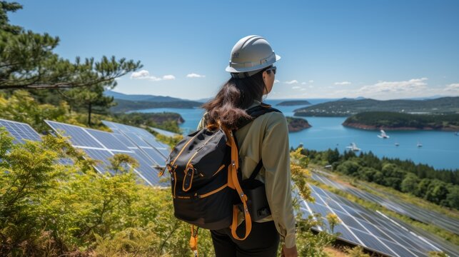 Ecological engineer with safety equipment on a photovoltaic solar farm taking pictures of solar panels where there are rice fields and beautiful lakes
