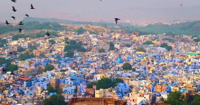 Houses of famous Jodhpur the Blue City and birds flying above brahmin houses, view from Mehrangarh Fort, Rajasthan, India, Asia