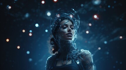 Portrait of a robot girl in a futuristic style. Earth sphere around the girl. Project map of the earth and fragments