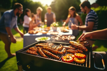 Naklejka premium Family and Friends Delight in a Picnic BBQ Grill, Soaking up the Sun and Cherishing Shared Moments. created with Generative AI