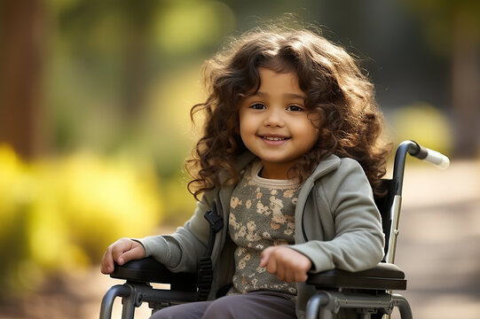 Inspiring Resilience Beautiful Girl, a Young Model, Embraces Life in a Wheelchair, Surrounded by Nature's Beauty. created with Generative AI