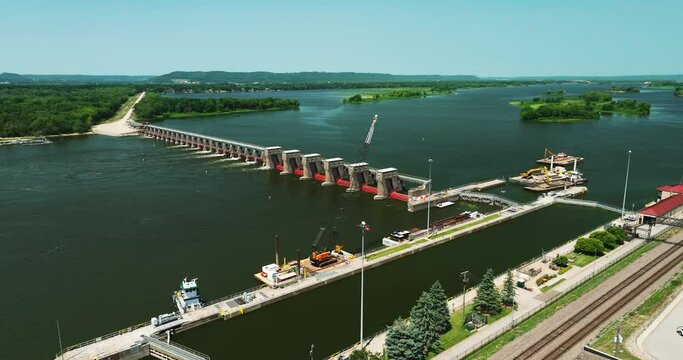 Modernized lock and dam, and its industrialized area: railway and promenade.
