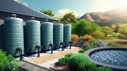 Water tanks for corp watering - obrazy, fototapety, plakaty
