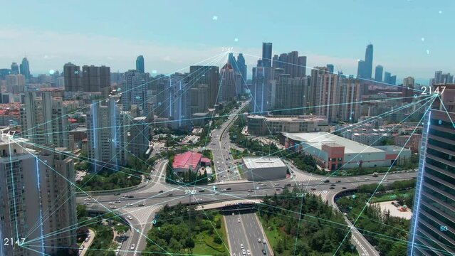 Smartcity ,Technological lines shuttle over the city