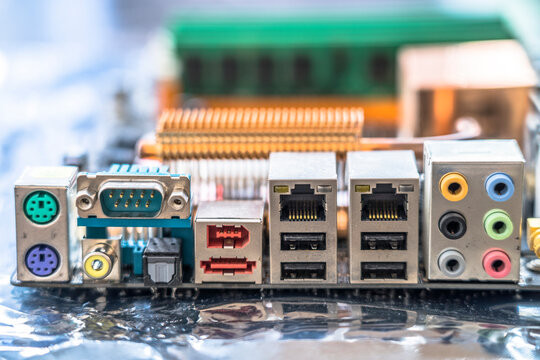 Close-up of various ports on computer mother board