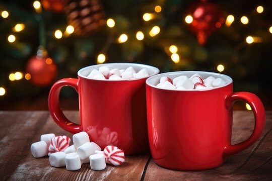 Two red mugs with hot cocoa drink with marshmallows. Winter warming drink