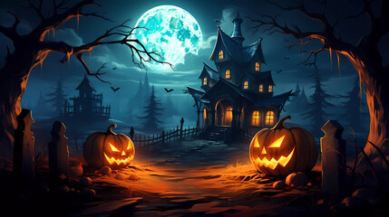 Fototapeta na wymiar Halloween Background with Pumpkins In The Spooky Night