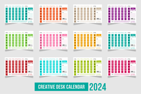Creative Multicolor Desk Calendar Design 2024. Set of 12 Pages Vector Table Calendar Design