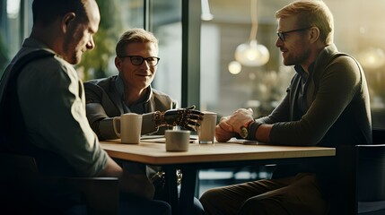 A man with a prosthetic arm in a circle of friends or work colleagues is sitting in a cafe or in an office canteen, chatting casually and discussing work issues or simple communication of friends.