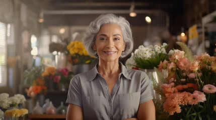 Elegant senior flower shop owner with flowing grey hair, gracefully standing amidst a fragrant sea of blossoms in her cherished, decades-old floral haven. - Powered by Adobe