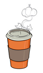 Illustration of a disposable travel cup containing Pumpkin Spice flavoured hot beverage 