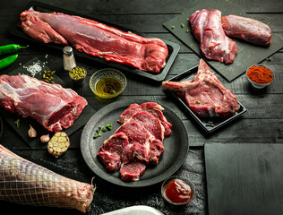 Collection beef meat on black background