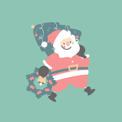 merry christmas and happy new year with cute santa claus holding christmas tree pine and wreath in the winter season green background, flat vector illustration cartoon character costume design