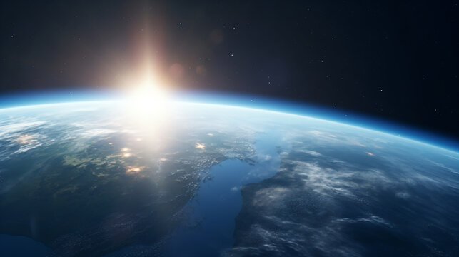 The planet Earth is accompanied by lens flare appearing from space - Generative AI