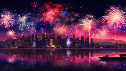 Fireworks over the river front in the city background.