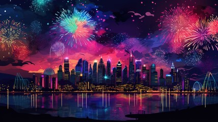 Fireworks over the river front in the city background. - obrazy, fototapety, plakaty