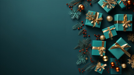 A sprig of evergreen, an abundance of gift boxes hanging from a banner adorned with velvet ribbons and paper decorations, set against a teal background. Evoking a Christmas atmosphere - Generative AI