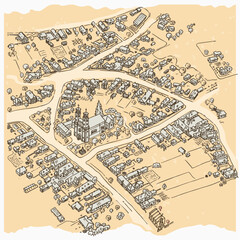 Line art hand draw of medieval village for fantasy map builders 2