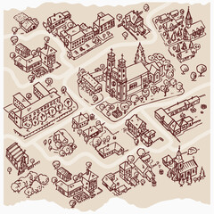 Line art hand draw of medieval village for fantasy map builders 1