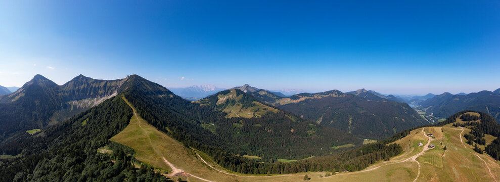 Austria, Salzburger Land, Hintersee, Drone panorama of forested mountain range in summer