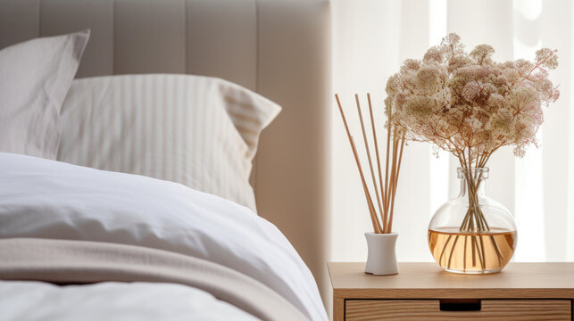 Reed diffuser on nightstand near bed in room.