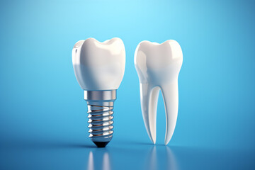 Clean Healthy tooth and dental Implant on blue background. 3D rendering - Generative AI