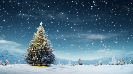 Decorated Christmas tree landscape background - Generative AI