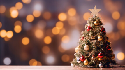 Decorated Christmas tree on blurred bokeh background - Generative AI