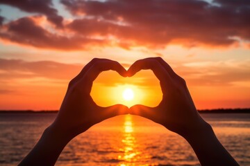 Hand shaped heart and sea sunset