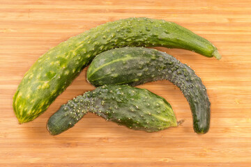 Freshly harvested cucumbers on the cutting board, top view
